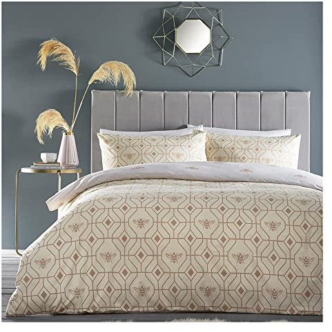 furn. Bee Deco Duvet Cover Set - Honeycomb Geometric Bumble Bee Reversible Bedding (Champagne - King)
