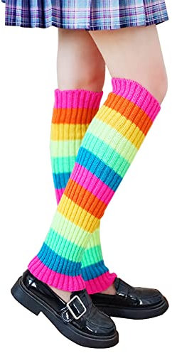 JIHUOO Rainbow Striped Leg Warmers Colorful Leg Socks Knee High Boot Cuffs Knitted Leg Sleeves Fashion Leg Covers 80s Costume Accessories