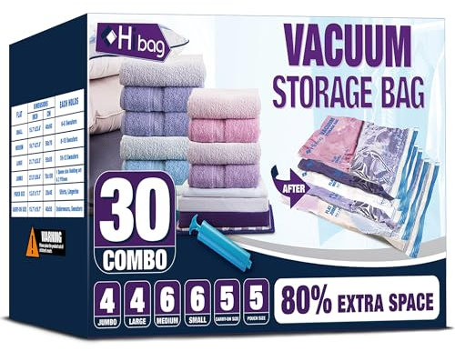 HIBAG Vacuum Storage Bags, Space Saver Vacuum Seal Storage Bags 30-Pack Sealer Bags for Clothes, Clothing, Bedding, Comforter, Blanket (30C), Clear, 30-COMBO