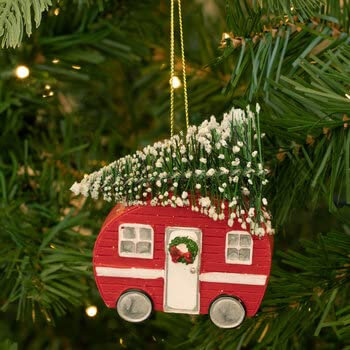 Roter Wohnmobil mit immergrünem Baum, Weihnachtsdekoration, Anhängerdekoration, Weihnachtsbaumschmuck, Andenken