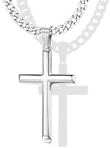 Krfy 925 Silber Kreuz Anhänger Halskette für Männer Damen mit 5mm Durable Edelstahl Diamant-Cut Figaro oder Curb Kette Halskette 18K Weißgold überzogene Kreuz Anhänger Halskette für Herren 18-30 Zoll