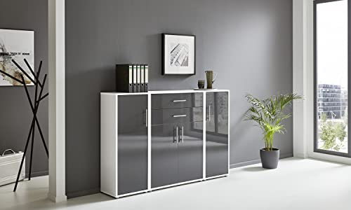 BMG Möbel Aktenschrank Office Edition Set 16, Büroschrank mit Metallgriffen Made in Germany (Weiß/Anthrazit Hochglanz)