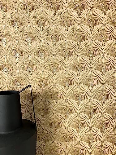 NEWROOM Tapete Gold Vliestapete Fächer - Mustertapete Modern Ornamente Glänzend Retro Vintage Vintage Orientalisch inkl. Tapezier-Ratgeber