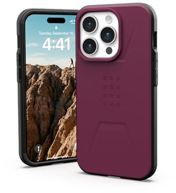 Urban Armor Gear Civilian Case kompatibel mit Apple iPhone 15 Pro Hülle [Wireless Charging/Magnetische Aufladung kompatibel, Sturzfeste Handyhülle, Erhöhter Rand] Bordeaux (rot)
