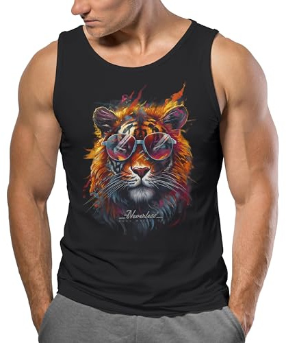 Neverless® Herren Tank-Top Tiger Print Aufdruck Flammen Sommer Sonnenbrille Kunst Fashion Streetstyle Muskelshirt