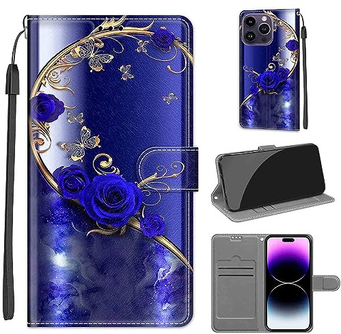 TOMYOU Handyhülle für iPhone 14 Pro Max Hülle, Blaue Rose | Standfunktion, Kartenfach, Magnetisch, Stoßfeste Schutzhülle, Flip Leder, Klapphülle
