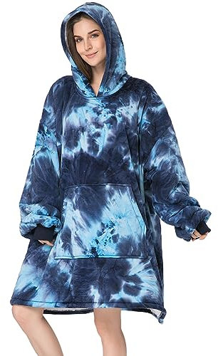 Nayoroom Übergroße Hoodie Sweatshirt Decke Damen Herren Blanket Hoodie Kuscheldecke mit Ärmeln Super Warme Pullover Decke mit Kapuze Flanell Tragbare Decke Riesen Kapuzenpullover Tie Dye Blau
