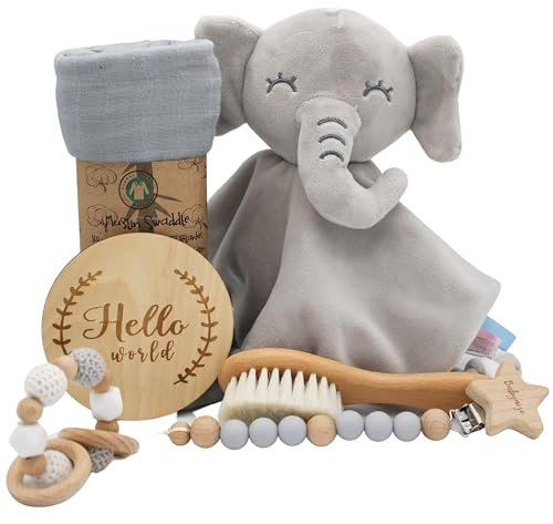 Babynize® Baby Geschenk zur Geburt Junge & Mädchen - Elefanten Schnuffeltuch, Musselin Spucktuch, Nuggiband, Greifling/Rassel, Bürste, Meilensteinkarte - Geschenk zur Geburt, Babyparty & Taufe.