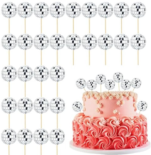 30PCS Mini Disco Balls Disco Ball Cake Topper,Disco Ball Cake Topper,Mini Disco Ball with Bamboo Sticks Disco Theme Cake Toppers for Disco Theme Party Supplies Cake Dessert Decorating (Silver)