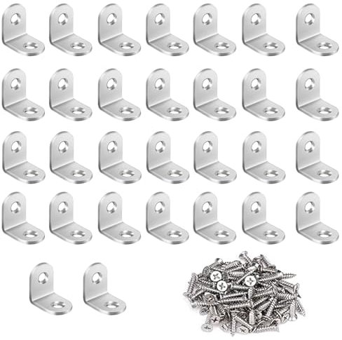 Yoezuo 30 Pièces Équerre de Fixation Metal, Equerre Angle Droit avec 60 pièces Vis, Inox Equerre Support en Forme de L, Mini Equerre pour la Fixation et la Réparation de Meubles, Etagere et charpente