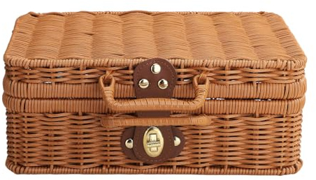 SUNFECILI Rattan-Koffer, Vintage-Rattan-Handtasche, Retro-Koffer, Aufbewahrungsboxen mit Deckel, Behälter mit Deckel, Seegras-Körbe, Korb mit Deckel, Vintage-Aufbewahrungskoffer,