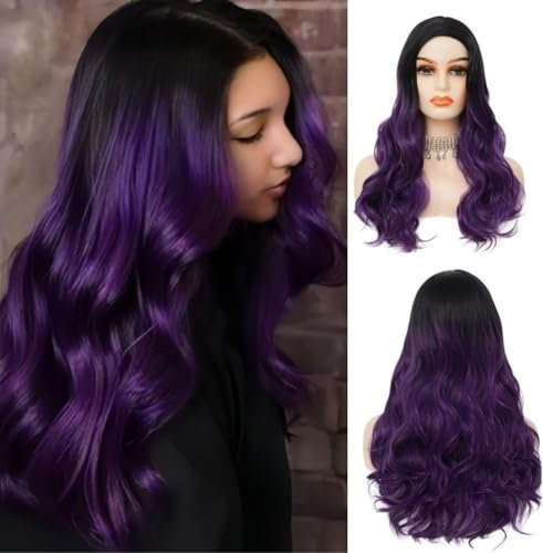 Lila Frauen Lange Wellige Perücken Ombre Synthetische Natürliche Lockige Schwarz Perücke für Halloween & Täglichen Gebrauch