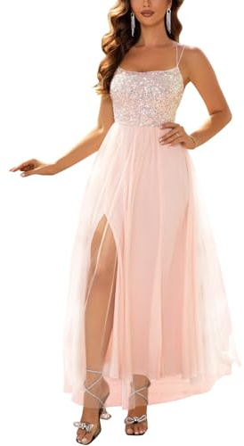 Onsoyours Vestiti da Sera Donna Glitter Paillettes Spaghetti Abito Sexy Senza Maniche Senza Schienale Tulle Elegante Maxi Abiti Ballo Cerimonia A Rosa XS