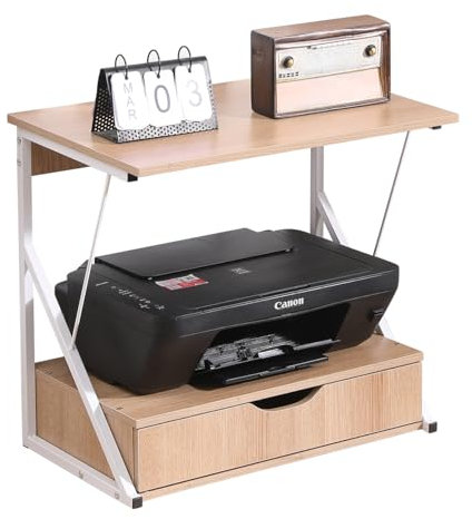 Homullel Printer Stand with Storage Drawer for Desk, 2-Tier Desktop Printer Stand Holder Shelf, Storage Shelf for Fax Machine, Scanner, Files, Books, Microwave Oven Wooden (Walnut)