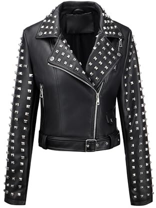 Giolshon Giacca da Moto in Pelle Finta da Donna con Borchie Casual Corto Cappotto da Motociclista Autunno Abiti Abiti di Moda 2024 3221 Nero L