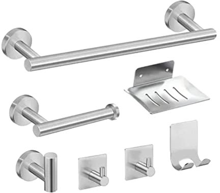 AMIUHOUN 7-teiliges Badezimmer-Hardware-Set, 39 cm Handtuchstange, Toilettenpapierhalter, 3 Bademantel-Handtuchhaken, Handtuch-Set, Silber