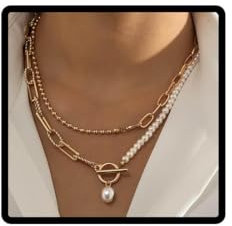 Wedity Retro Layered Pearl Halskette Paper Clip Kette Choker Halsketten OT Schnalle Halskette Schmuck für Frauen und Mädchen (Gold)