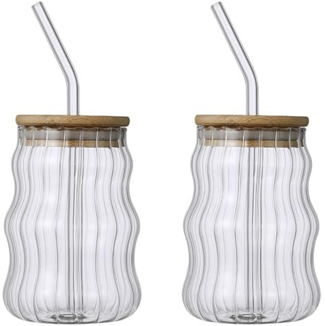 Highball Glasses, Ribbed Glassware Drinking Glasses with Straws and Lids Wavy Fluted Glassware 500ML Coffee Cups Tumbler for Juice Beverage 2Pcs