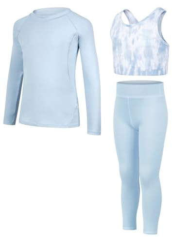 JiAmy Girls Yoga Leggings Top Set Girls Tracksuit 3PCS Kids Sport Clothes Activewear Tranning Bras Set for 6-7 Years Blue