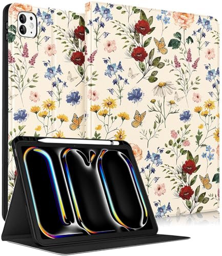 Pegmode Funda para iPad Pro de 11 pulgadas 2024 (M4 5ª generación), bonita funda tipo libro para mujeres y niñas, diseño floral kawaii con soporte para lápices, funda inteligente para iPad Pro 11 2024