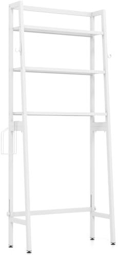 Multigot Over The Toilet Shelf, 3-Tier Freestanding Laundry Storage Rack Bathroom Space Saver Organizer with Toilet Paper Holder, 2 Hooks and Adjustable Bottom Bar, Metal Washing Machine Rack (White)