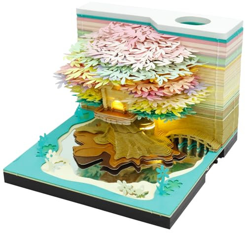 MENIBBLER 3D Notepad Creative Tree House, 2025 New Desk Calendar Memo Pad With Lights, Non-Stick 2025 Weekly Calendar Art Craftwork Notepad Paper Tear Off Paper Note Pad Pen Holder for Office (Green)