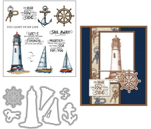 Sredwtk Leuchtturm Maritime Stanzschablonen und Stempelset,Stempel und Stanzen Set,Silikonstempel und Stanzen Set,Clear Stamp und Stanzschablone Für DIY Scrapbooking Fotoalbum Dekor Karten