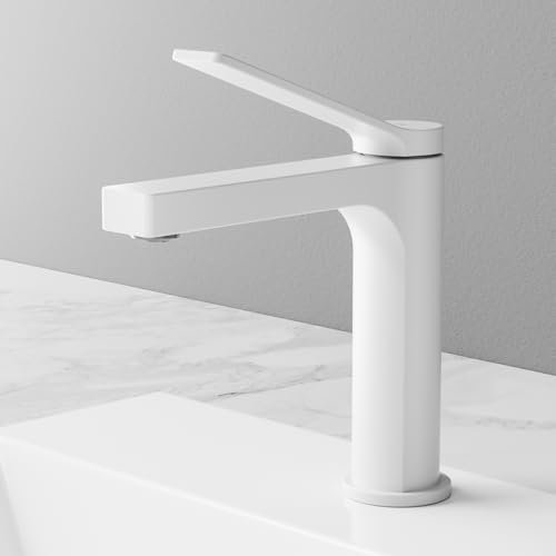 EMKE Robinet Salle de Bain Blanc Mat, 195x173x46 mm, Laiton, Mitigeur de Lavabo, Installation Facile, avec Aérateur et Flexibles de 90 mm, Cartouche Céramique, Robinet pour Lavabo