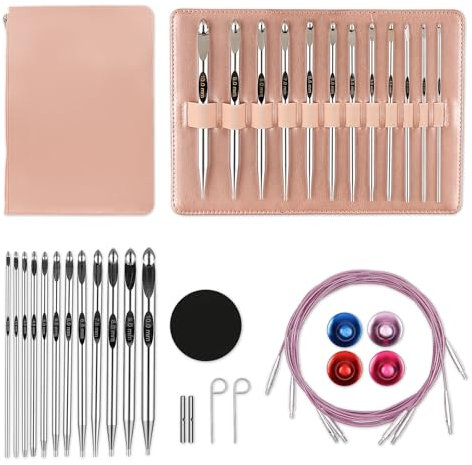 Interchangeable Tunisian Crochet Hooks Set with Cable 6-Inch Aluminum Crochet Hooks 3mm-10mm 26Pic (Pink)