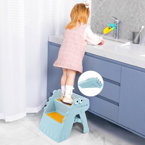 Growaystory Marchepied Pliable pour Enfant, 2 marches, Antidérapant, Anti-basculement, Marche Enfant pour Salle de Bain et Cuisine (Bleu)