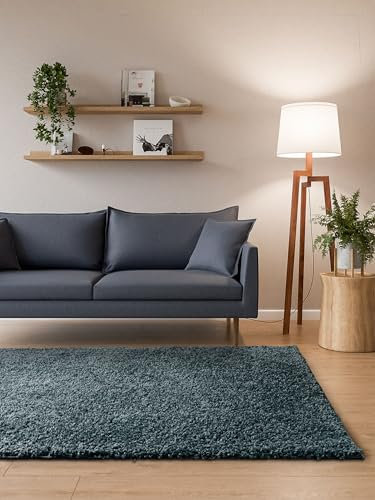 Interiyou Hochflor Teppich Sofia - 200x290 cm Blau - flauschig und einfarbig - waschbar und rutschfest - weicher Langflor