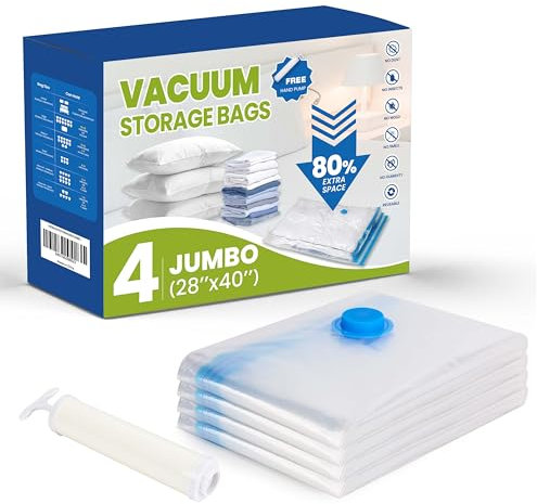 XL Vacuum Storage Bags 4 Pack (100x70cm/40x28) - Underbed Space Saver Bags with Hand Pump | Heavy-Duty 0.2mm PVC & Airtight Double Seal for Duvets, Seasonal Clothes & Bedding