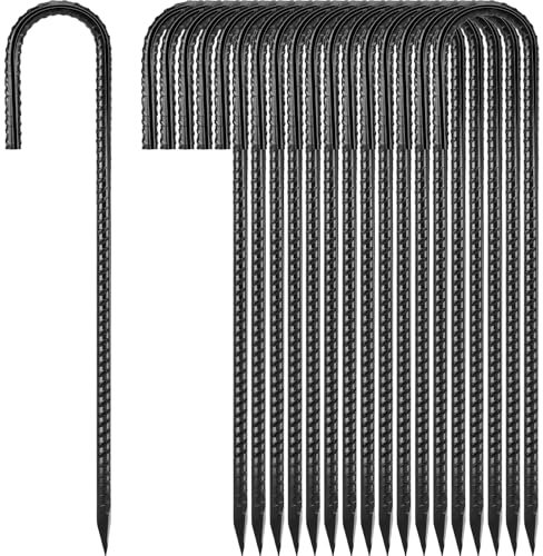Homwin Ground Stakes 12 inches 18-Pack J Hook Rebar Stakes 5/16 Diameter Tent Stakes Heavy Duty Metal Stakes for Outdoor Decorations, Yard Inflatables and Chain Link Fence