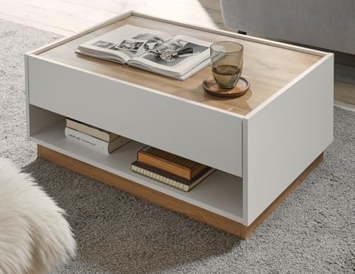Furn.Design Couchtisch Beistelltisch in weiß und Eiche Wotan Holz Wohnzimmertisch Kaffeetisch mit Schubkasten und Stauraum 90 x 60 cm Center