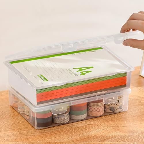 Nuyoah Aufbewahrungsbox mit Deckel A4 Kunststoffbox Klein 2Stk Plastikbox mit Deckel Stiftebox Tragbare Archivbox mit Snap-Dicht Stapelbare für Papier Schreibwaren Kosmetika Werkzeugteile