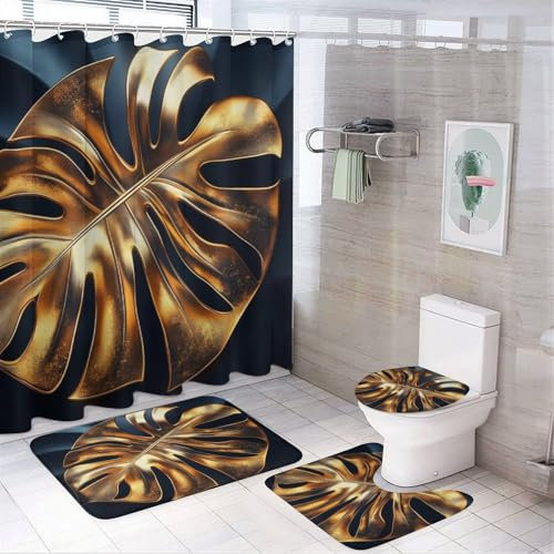 CAEITLRSO Cortina de Ducha Oro Monstera 180cm X 200cm, Alfombra de baño Antideslizante de Moderno Lujo Juego de 4 Piezas, Cortinas de Ducha Impermeables Decora tu baño 180cm X 200cm