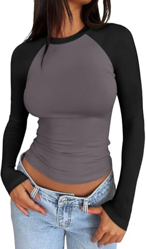 LACOZY Long Sleeve Tops Women Basic Ribbed Crop Top Crew Neck Casual Tee | Slim Fit, Y2k T Shirts, Lightweight, Casual Shirt, Autumn Clothes, Comfortable Clothing, Fashion Fall Outfits, Going Out Tops