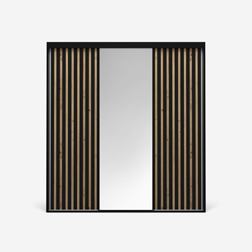 VIKK - Kleiderschrank - Garderobenschrank Groß mit Spiegel - 190x60cm225cm - Schrank mit Schiebetüren, 2 Kleiderstangen, Schrank nach Bestelleingang gefertigt, Horten Schwarz, Innenausstattung MAX