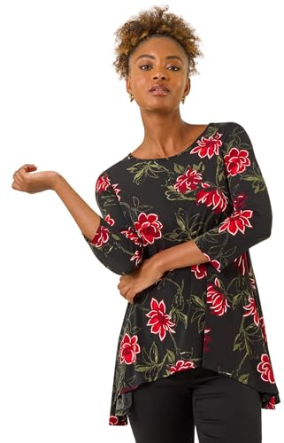 Roman Originals Hanky Hem Tunic Top for Women UK - Ladies Longline Blouse Asymmetric Hemline Casual Slouch Loose 3/4 Sleeves Round Neck Relaxed Comfortable Holiday - Red Floral - Size 18