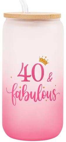 Nwvuop 40th Birthday Gifts for Women 40th Birthday Glass Cups with Lids and Straws