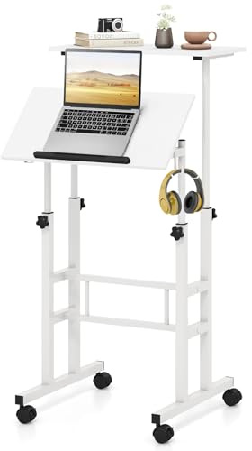 GIANTEX Sitz-Steh Schreibtisch höhenverstellbar, Computertisch Zeichentisch mit Rollen, Mobiler Stehschreibtisch mit 2 separaten Workstation, PC Tisch Arbeitstisch (Weiß)