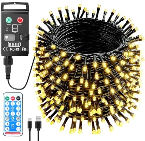 Kinamy LED Lichterkette Außen Batterie, 20M 200 LED Warmweiß Lichterkette Outdoor USB Aufladbare, 8 Modi mit Timer und Fernbedienung, Wasserdicht Lichterketten Aussen Innen für Weihnachten Balkon