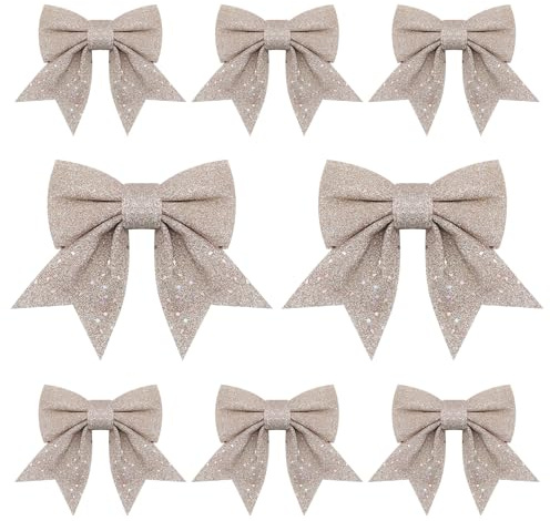 8pcs Glitter Christmas Bows, Xmas Bow Decorations, Bows for Christmas Tree, Christma Sequin Bowknot Tree Ornaments for Xmas Trees Decorations Garland Gift Wrapping Crafting Ornament (Champagne)