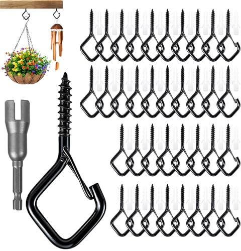 Schraubhaken Schwarz 36 Stück – Mit Sicherheitsverriegelung, Rostfrei | Haken zum Schraube für Hängende Pflanzen, Vogelhäuschen, Windspiele & Markisen – 18kg Tragkraft, mit Dübel Für Innen & Außen