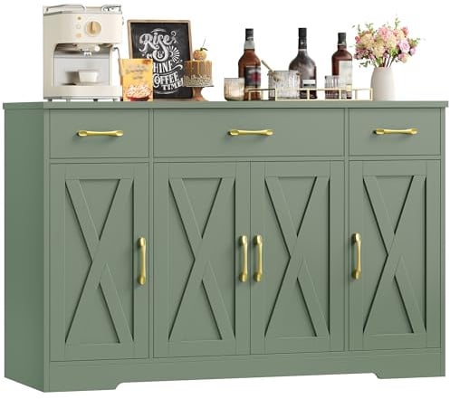 HOCSOK 140cm Sideboard, Küchenschrank mit Verstellbaren Ablagen | Buffetschrank Küchenbuffet mit 3 Schubladen und 4 Türen , Küchenkommode Vorratsschrank für Wohnzimmer Küche Esszimmer Grün