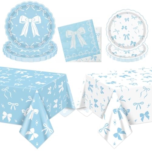 Blue Bow Party Supplies Set for 20 Guests, Including Tablecloths, Napkins and Plates for Blue Bow Birthday Decorations Coquette Birthday Party Bachelorette