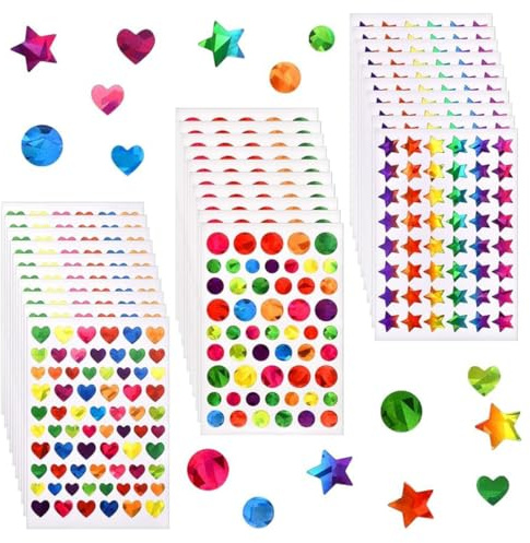 30 Fogli Stickers Bambini Attacca Stacca, Forma di Cuori Stelle Punti Adesivi Colorati Stickers, DIY Accessori, per Compleanno, Matrimonio, San Valentino, Ufficio, Istruzione