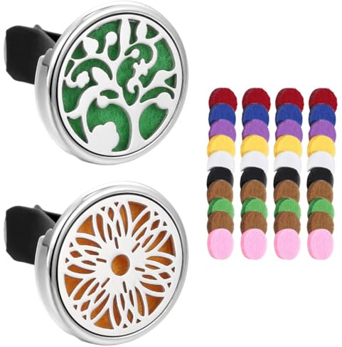 Lot de 2 Diffuseur Voiture Huiles Essentielles Aromathérapie Clip Ventilation Acier Inoxydable Désodorisant Intérieur Médaillon Parfum avec 40 Tampons Feutre Rechange pour Auto Bureau Cadeau Homme Fem