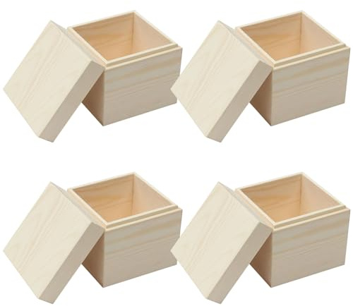 Sixfolo Quadratische Holzbox Klein mit Deckel 4 Stück,9.6x9.6x8cm | Kleine Holzkiste mit Deckel Abnehmbar,Unlackierte Aufbewahrungsbox Holz Klein für DIY Deko und Schmuckkästchen