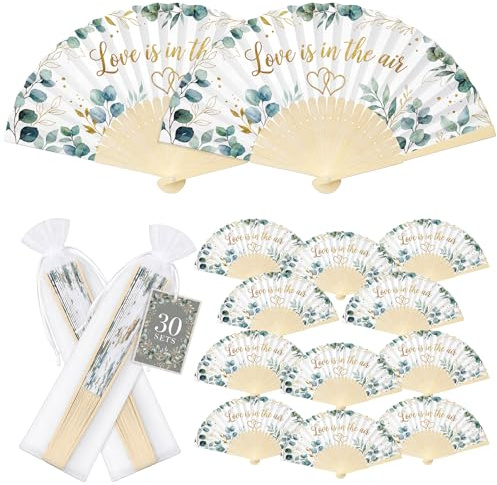BBTO 30 Pcs Wedding Fans for Guests, Handheld Folding Paper Fan with Bamboo Handle and Organza Bags for Wedding Party Favor Gift, Wall Decorations (Love is in the Air)